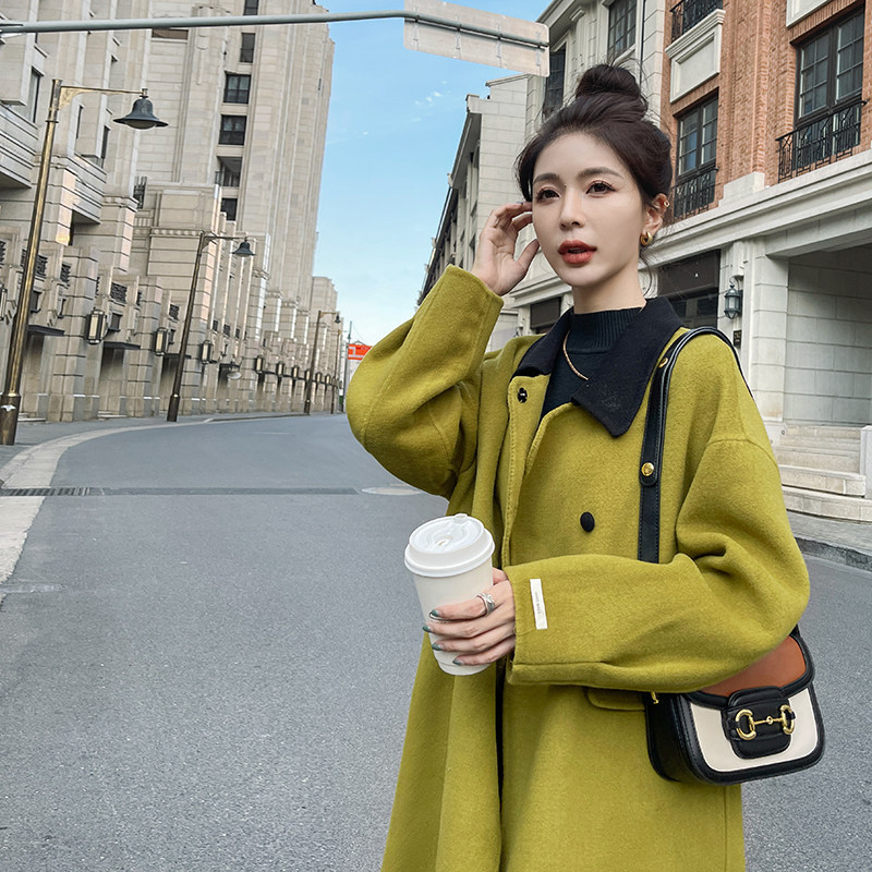 现货新款果绿色娃娃领拼色韩版呢大衣297-8065-P175-K258,女装毛呢外套,艾艾淮淮