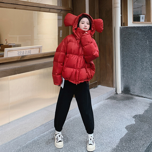 红色短款连帽熊耳羽绒服女冬季超火好看高级小众宽松保暖加厚外套图片