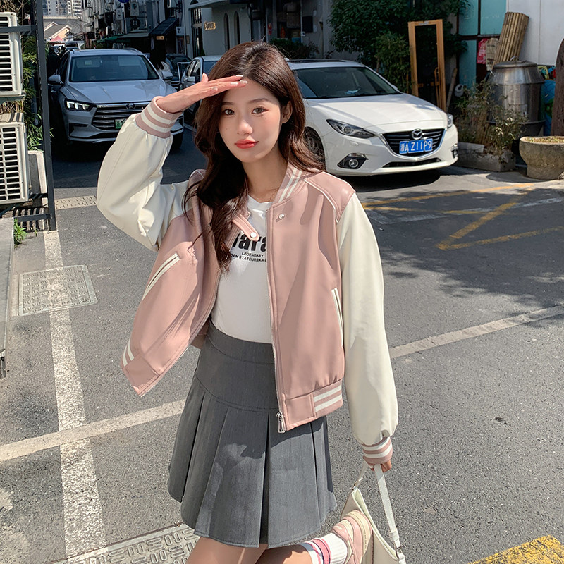 现货学院风皮衣棒球服短款外套297-053,女装短外套,艾艾淮淮
