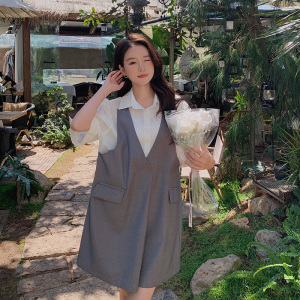 假两件衬衫拼接连衣裙女夏装2025新款小众设计感宽松灰色背带裙子图片