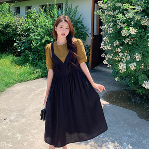 黑色拼接假两件连衣裙女2023夏新款法式温柔风小众设计感别致裙子图片