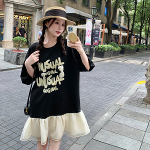 字母印花拼接T恤裙女2025年夏季新款学院风宽松减龄荷叶边连衣裙图片