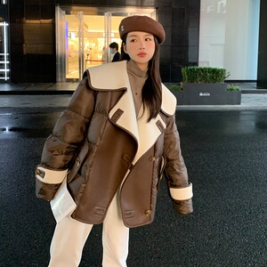 咖色拼接大翻领设计感羊羔毛羽绒服外套女2025冬季新款韩系面包服图片