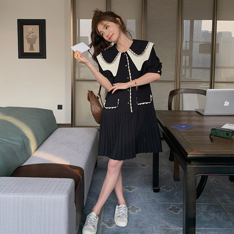 现货设计感小个子撞色拼接娃娃领百褶裙297-075-P125-K178,女装连衣裙,艾艾淮淮