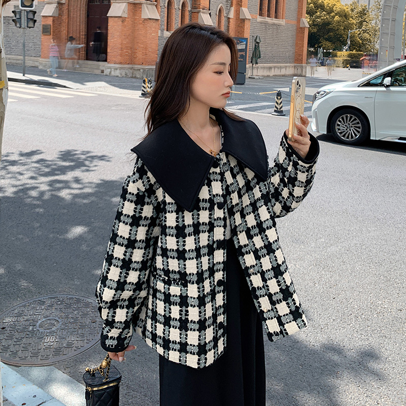 现货格子小个子毛呢宽松显瘦外套297-8067，女装毛呢外套，艾艾淮淮