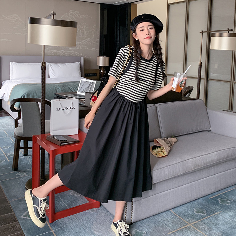 现货条纹拼接收腰连衣裙297-125-P115-K168,女装连衣裙,艾艾淮淮