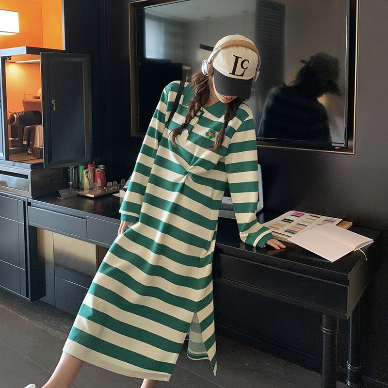 现货POLO领长款条纹宽松卫衣连衣裙297-8033,女装连衣裙,艾艾淮淮