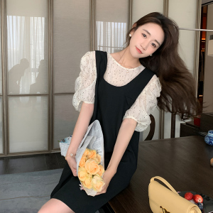 现货泡泡袖背带连衣裙真两件套装297-091-P115-K168图片