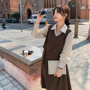咖色小众设计感假两件连衣裙女2023春季新款茶歇法式拼接衬衫裙子