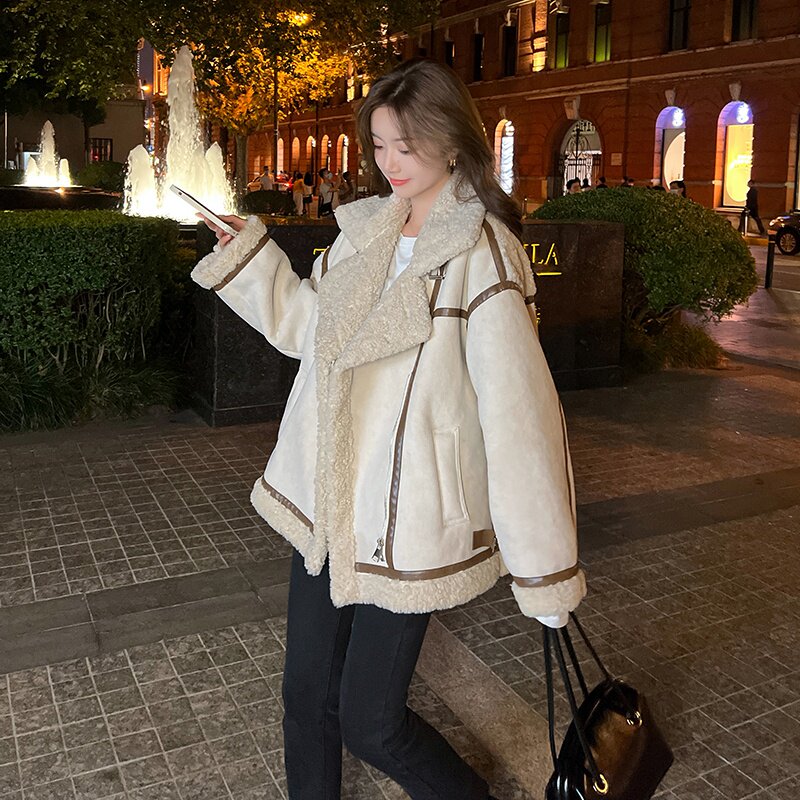 羊羔复古麂皮绒拼接女机车服小个子皮毛一体高级感棉衣保暖棉服,女装棉衣/棉服,艾艾淮淮