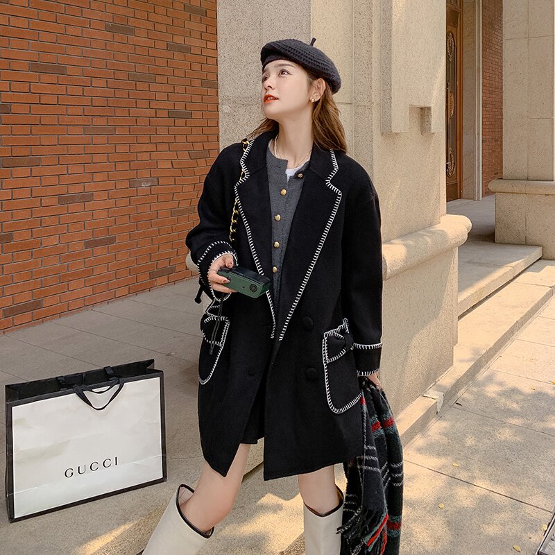 蝴蝶结现货大衣新款大口袋小个子俏皮毛呢外套297-8068-P175-K258,女装毛呢外套,艾艾淮淮