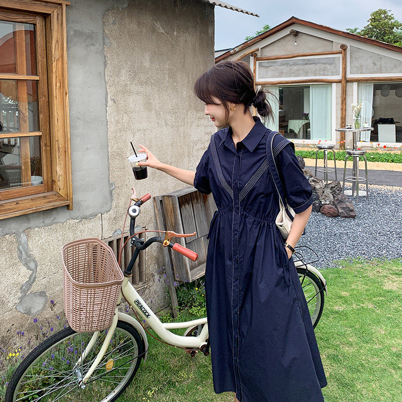 藏青色收腰连衣裙女夏2024新款小个子衬衫裙赫本风气质衬衣裙显瘦图片