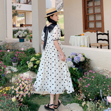 法式娃娃领波点连衣裙女夏季2025年新款温柔风遮肚子减龄宽松长裙，女装连衣裙，艾艾淮淮