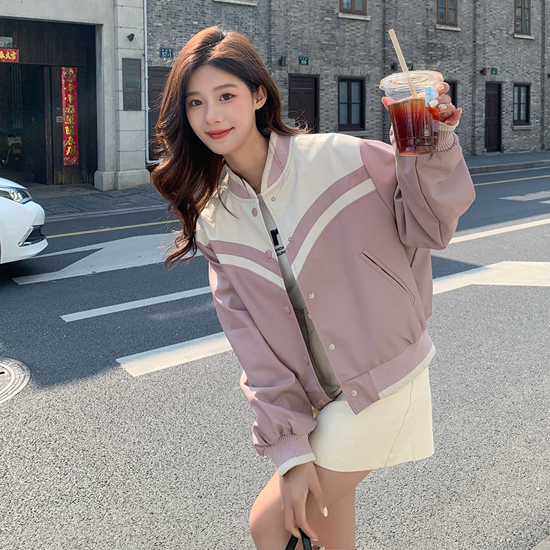 现货春装拼接设计棒球服皮衣外套297-050，女装短外套，艾艾淮淮