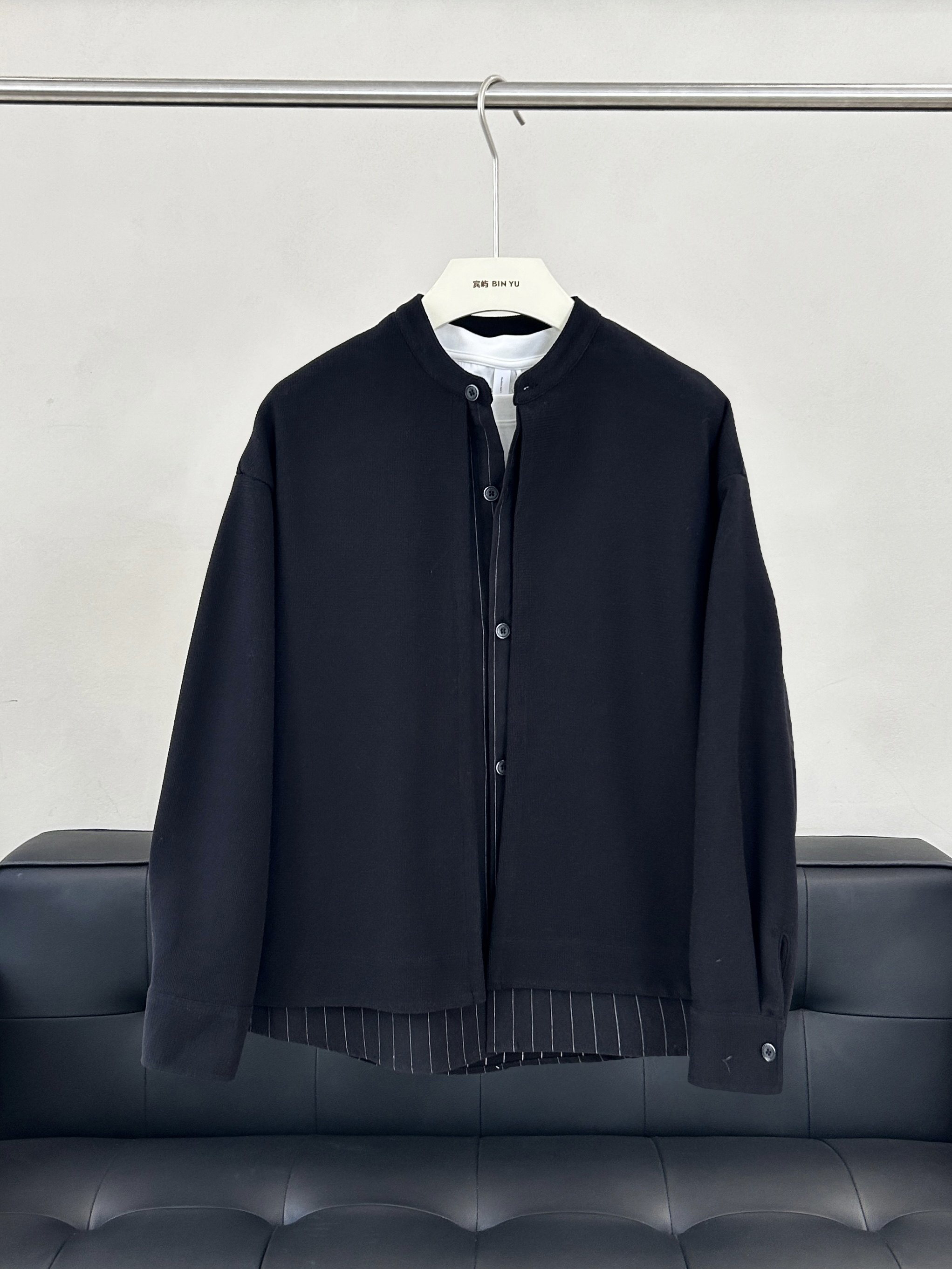 H-ZK春季日系复古条纹衬衫拼接假两件亨利领夹克男宽松针织外套潮