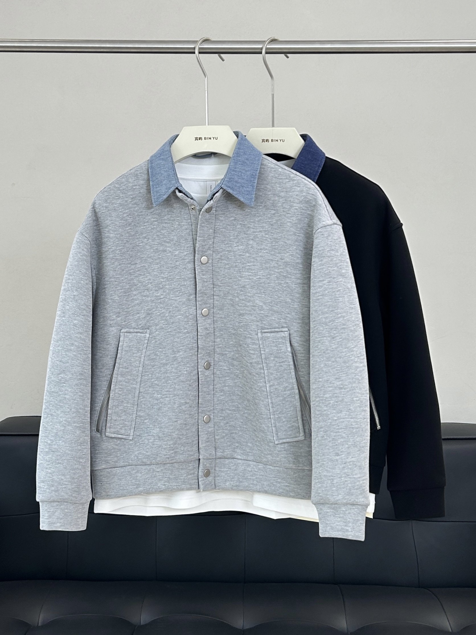 HZK春季美式休闲撞色牛仔领针织夹克男士宽松简约通勤翻领外套潮,男装,夹克,淘宝优惠券,粉丝福利购,淘宝优惠卷