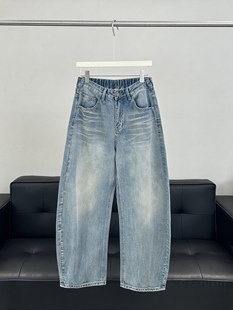 奢境春季美式复古做旧猫须磨白牛仔裤男宽松休闲阔腿弯刀长裤子潮