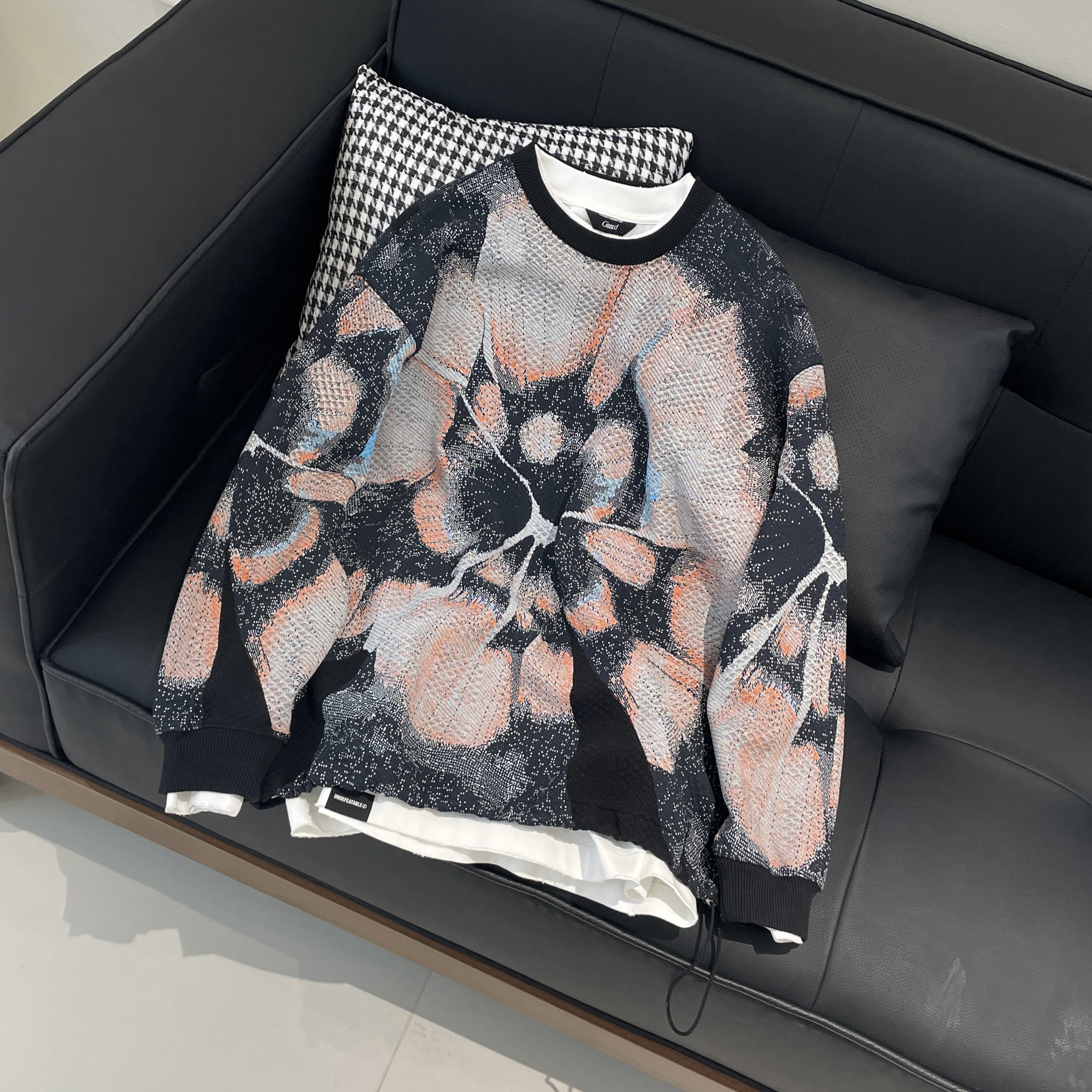 BY3秋季潮牌抽象满印圆领卫衣男美式高街宽松下摆可抽绳套头上衣