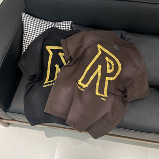 M2夏季字母印花重磅高克重短袖T恤男美式休闲做旧水洗宽松上衣潮