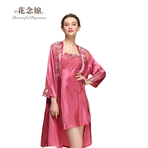 花念锦真丝睡袍女 性感蕾丝吊带睡裙两件套 100%桑蚕丝丝绸家居服 - 封面