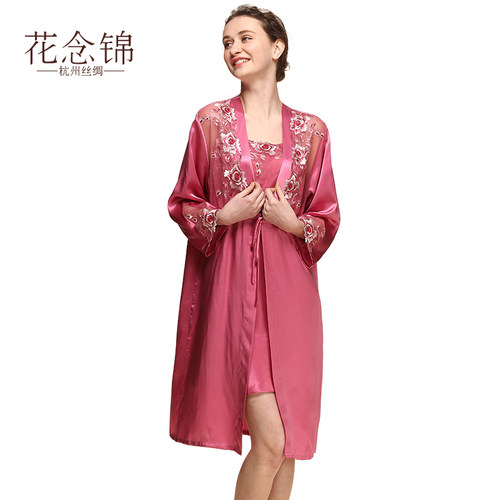 花念锦真丝睡袍女 性感蕾丝吊带睡裙两件套 100%桑蚕丝丝绸家居服
