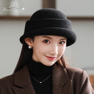 赫本风卷边羊毛渔夫帽子女秋冬百搭优雅气质保暖针织盆帽时尚礼帽