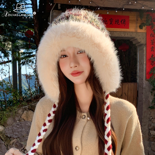 东北户外保暖帽子女可爱加厚防寒护耳雷锋帽大头围显脸小针织棉帽