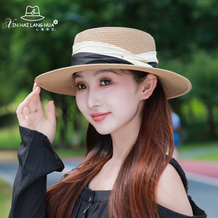 平顶礼帽女士春夏季防晒遮阳帽子优雅百搭时尚气质英伦复古太阳帽