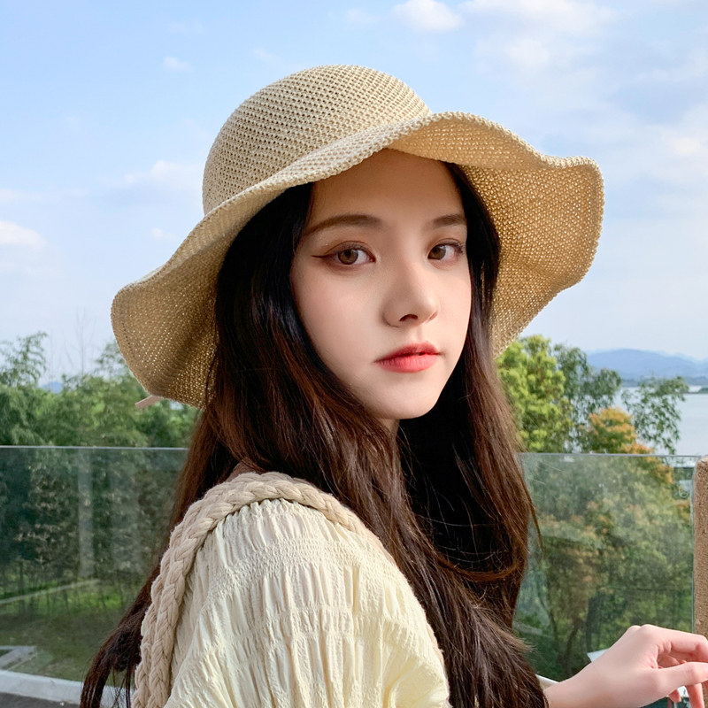 春秋季日系文艺波浪边防晒遮阳帽女夏蝴蝶结渔夫帽子韩版草帽百搭