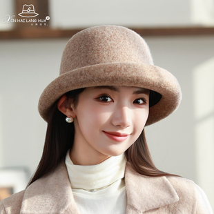 蝴蝶结卷边渔夫帽子女秋冬时尚百搭优雅礼帽法式复古保暖毛呢盆帽