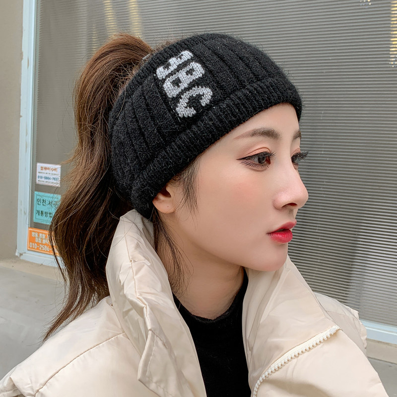 发带空顶帽兔毛针织毛线帽子女秋冬季网红ins保暖露马尾辫韩版潮