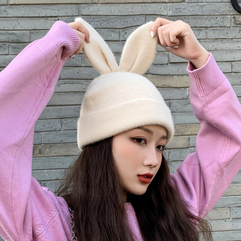 兔耳朵针织毛线帽子女秋冬天ins保暖韩版日系百搭可爱网红冷帽潮