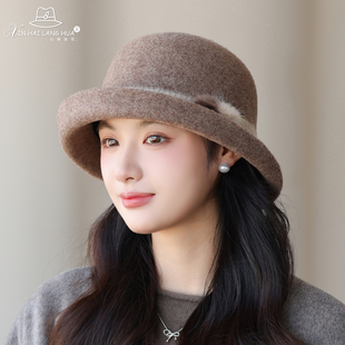 卷边盆帽女秋冬新款羊毛呢保暖渔夫帽子韩版复古时尚百搭妈妈礼帽