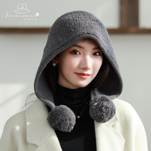 日系复古羊毛毛线帽子女秋冬季护耳保暖克拉法拉针织帽毛球显脸小