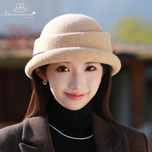 秋冬新款赫本风礼帽女刘洋千金羊毛渔夫帽高级感优雅气质百搭盆帽