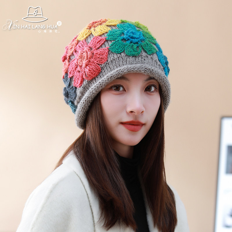 日系甜美手工钩花针织毛线保暖帽子女秋冬时尚百搭洋气包头堆堆帽