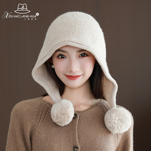 100%羊毛护耳毛线帽子女秋冬季克拉法拉保暖针织帽毛球显脸小百搭