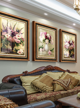 美式复古大气三联客厅装饰画沙发背景墙正对门入户玄关柜轻奢壁画