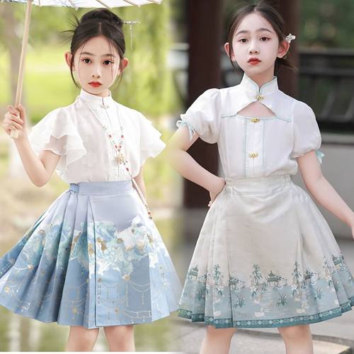 女童马面裙夏季松紧腰新款改良儿童中国古风汉服半身裙女孩表演裙