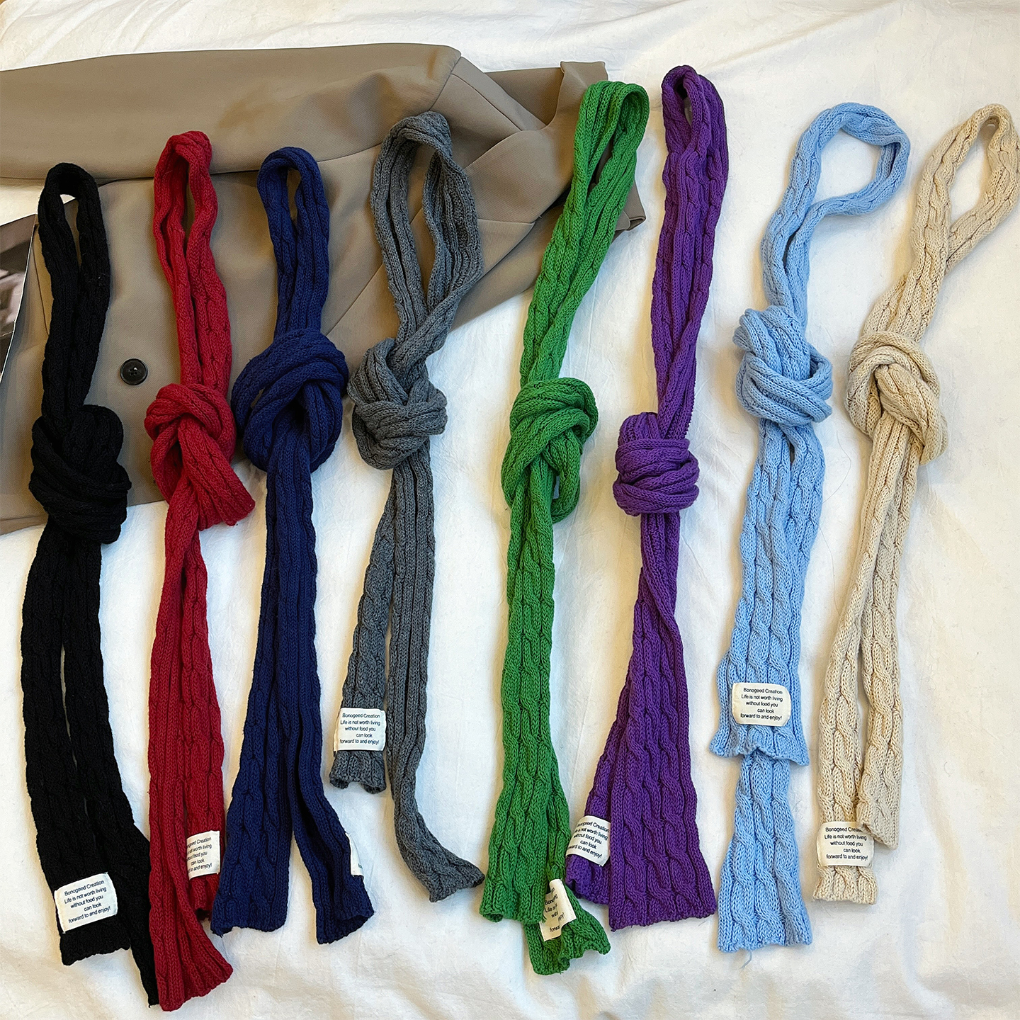 走秀款！麻花针织细长条小围巾装饰秋冬时髦辣妹飘带高级感围脖女