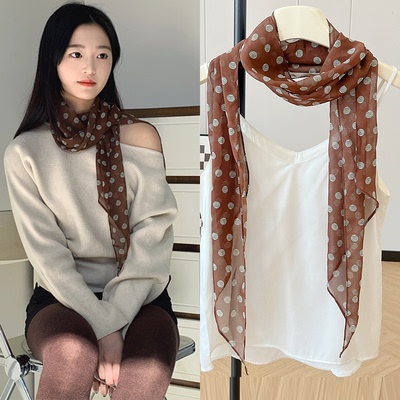 棕色波点丝巾印花高级百搭配饰系脖女2025年新款发带绑发长条围巾