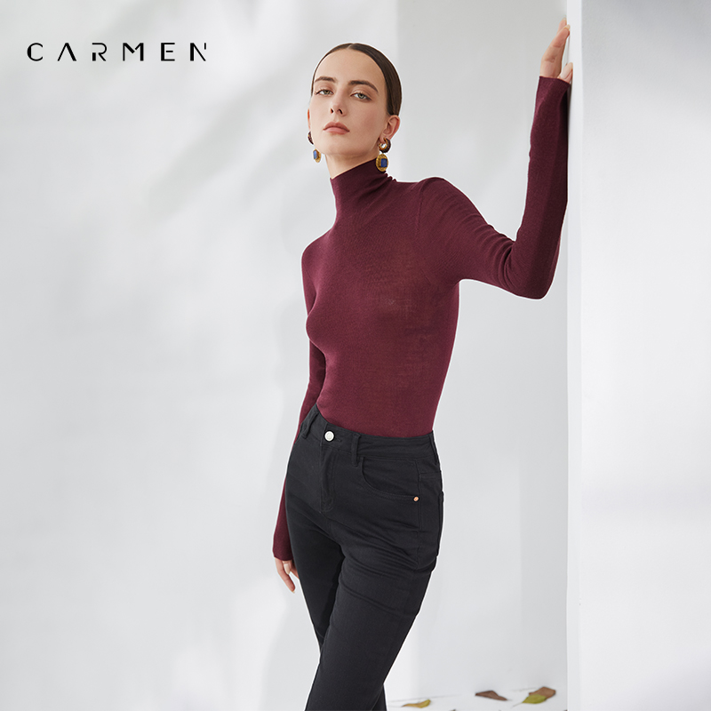 卡蔓新年红无缝一体成型德国扬子纱超细高领羊毛衫女25秋针织毛衣