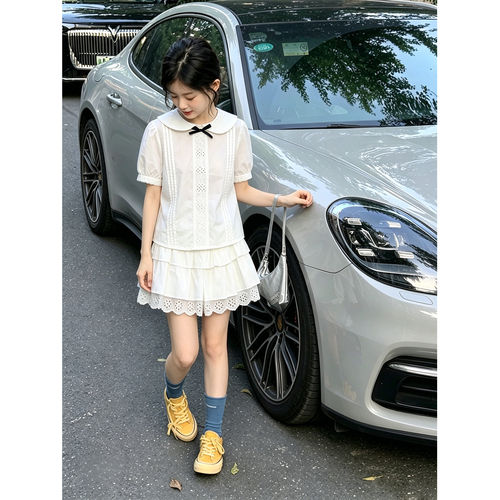 壹妈女大童夏季娃娃领蛋糕裙套装
