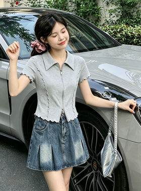 壹妈女中大童夏季翻领牛仔套装