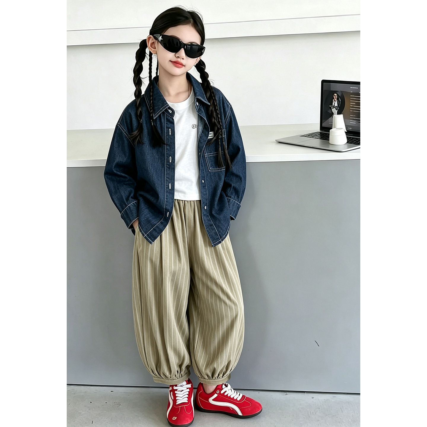 壹妈女大童套装秋季新款初中女生洋气时髦蓝色复古牛仔外套三件套