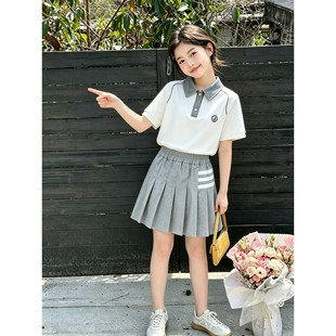 壹妈夏季中大童学生polo短袖灰色条纹百褶短裙女童学院风两件套装