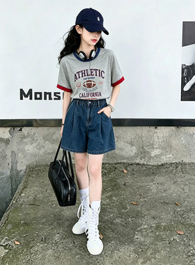 壹妈儿童女大童牛仔短裤夏季薄款青少年深蓝色牛仔五分短裤两件套