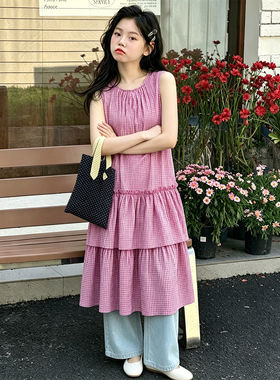 壹妈女大童夏季法式格子两件套
