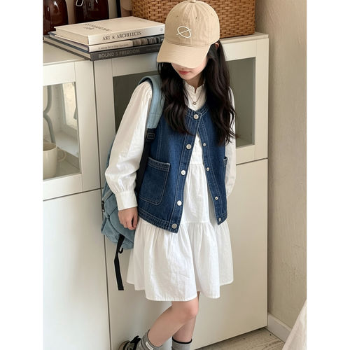 壹妈女中大童秋季牛仔马甲连衣裙