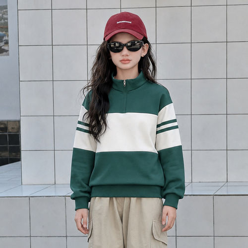 壹妈女中大童立领半拉链撞色卫衣